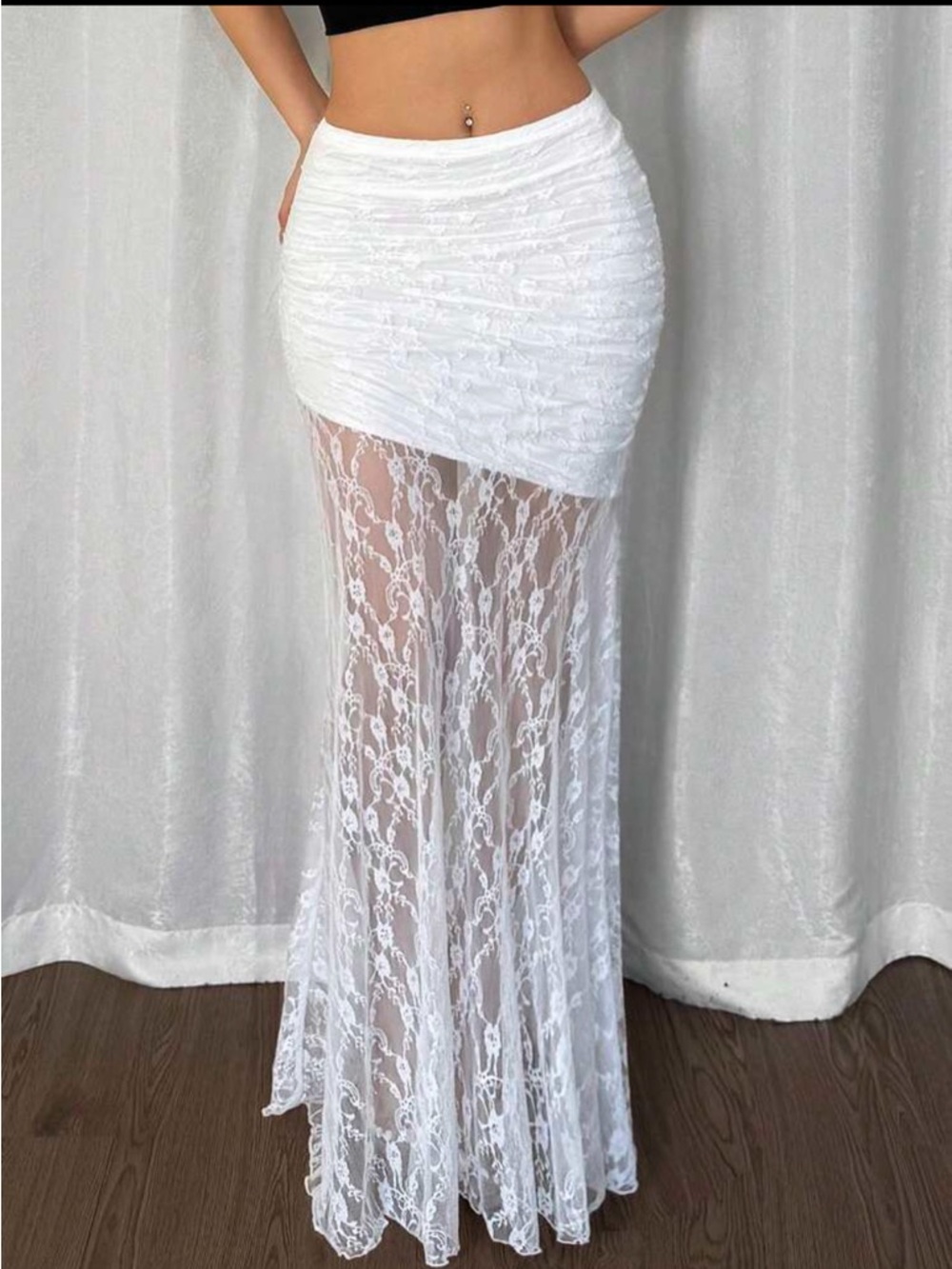 SHEIN White Lace Sheer Ruched Maxi Skirt